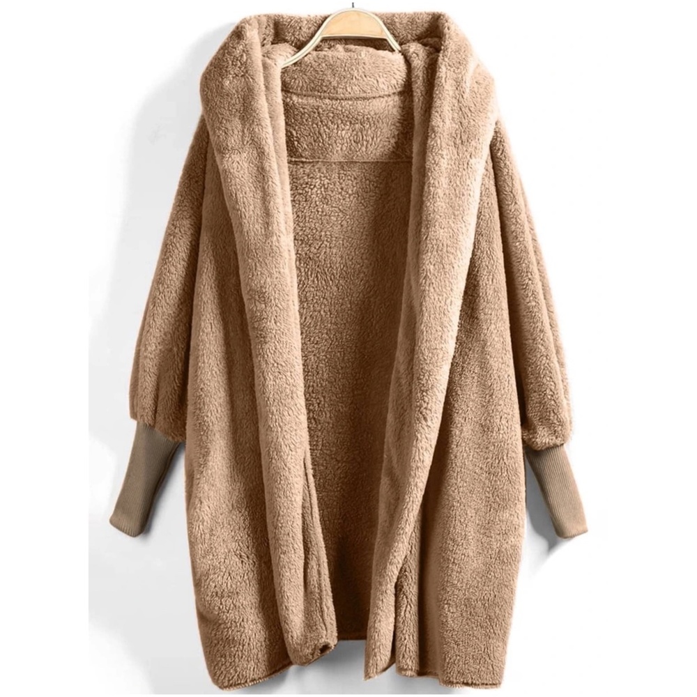 Cozy Tan Teddy Open Front Hoodie Jacket Coat - Picture 1 of 4